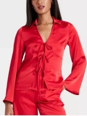 A New Day Red Satin Tie-Front Shirt
